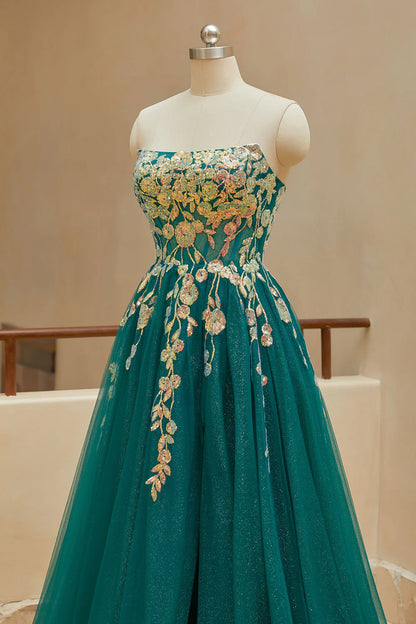 A Line StraplessTulle Slit Prom Dresses with Appliques