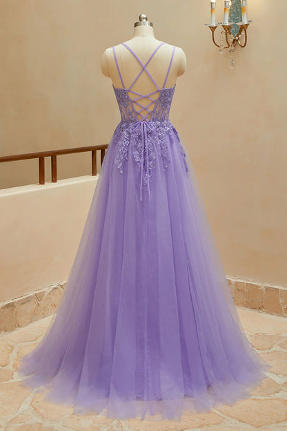 A Line Spaghetti Straps Tulle Slit Long Prom Dresses With Appliques