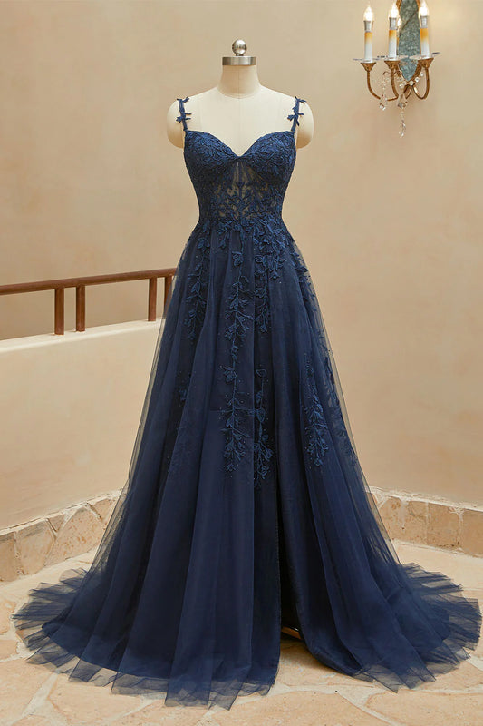 A Line Spaghetti Straps Tulle Appliques Sleeveless Long Prom Dresses