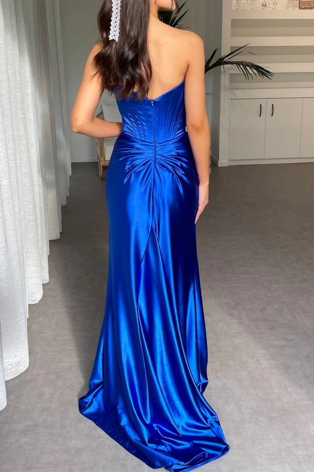 Unique front slit strapless navy blue tight fitting corset and floor length prom dress