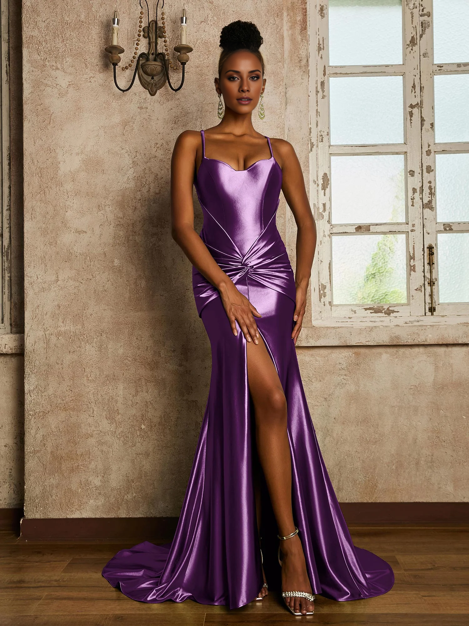 Waist pleated mermaid stretch satin dress - yidibang dress