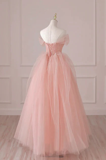 Hellrosa Tüll-Off-Shoulder-Spitzen- und Perlen-Ballkleid, Rosa Formales Kleid