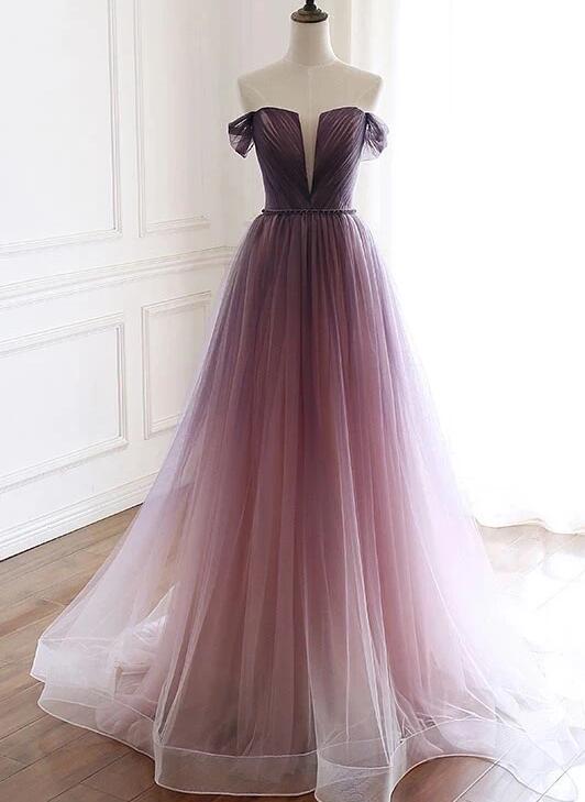 Robe de soirée élégante à épaules dénudées violettes, transparente, manches courtes, ceinture perlée, col en V profond, dos nu