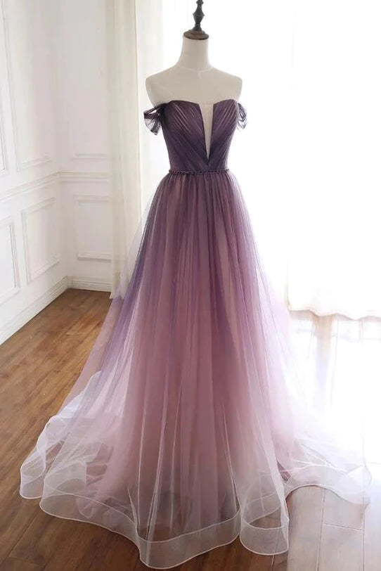 Robe de soirée élégante à épaules dénudées violettes, transparente, manches courtes, ceinture perlée, col en V profond, dos nu