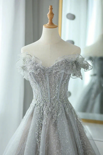 Graues Tüll-Partykleid mit Herzausschnitt, A-Linie Tüll bodenlanges Ballkleid Abendkleid