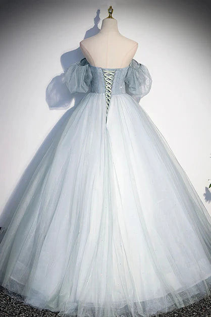 Jolie robe de bal longue et transparente bleu clair, robe de soirée formelle à épaules dénudées
