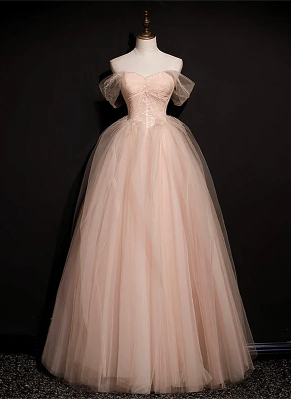 Süßes, rosafarbenes, schulterfreies, durchsichtiges, langes Partykleid mit Perlenbesatz, rosafarbenes, trägerloses, rückenfreies und bodenlanges Abendkleid in A-Linie
