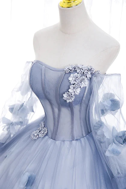 Unique and beautiful sky blue decal long sleeved off shoulder ball dress, sky blue fluffy sheer strapless backless and ground length prom dress