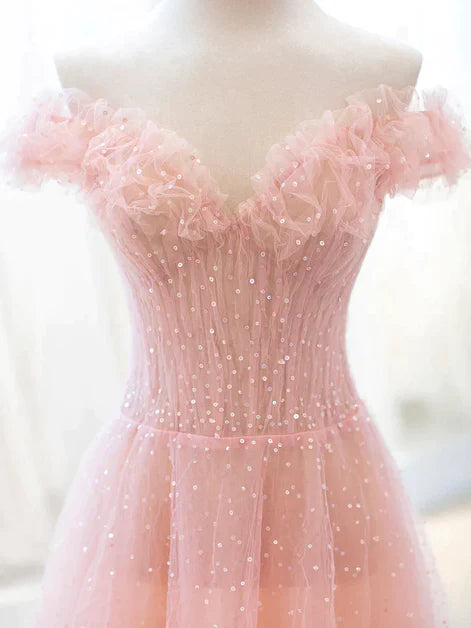 Rosa A-Linien-Ballkleid aus Tüll mit Pailletten, schulterfreie Abendkleider