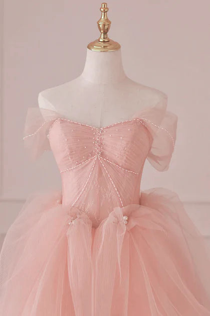 Robe de bal chic/belle rose clair transparente à épaules dénudées en dentelle et perles, robe de soirée longue rose clair à dos nu