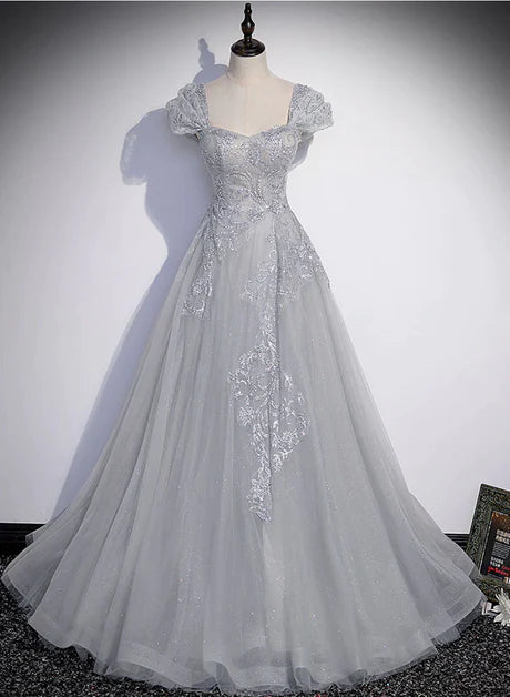 Robe longue élégante à manches courtes et à paillettes grises, en dentelle transparente grise et robe de soirée du sol au plafond