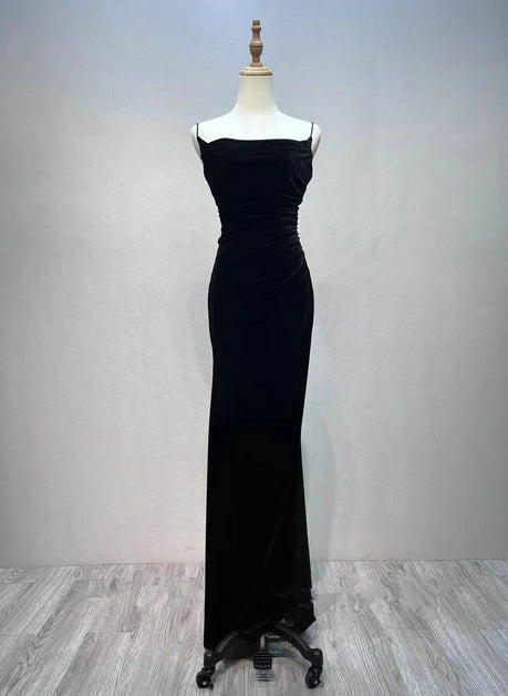 Robe de mariée trapèze en velours noir à bretelles, robe de soirée longue noire sans manches et dos nu