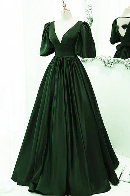 Retro/Original Grünes Satin Kurzarm Langes Partykleid, Grünes Prinzessin V-Ausschnitt Kurzarm und Bodenlanges Abendkleid
