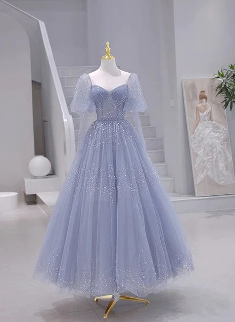 Robe de soirée longue et transparente à manches courtes bleue, robe de bal longue en A avec perles bleues grises