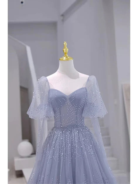 Robe de soirée longue et transparente à manches courtes bleue, robe de bal longue en A avec perles bleues grises