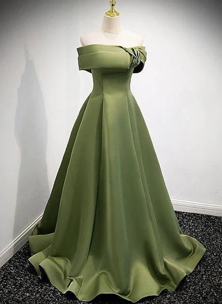 A-line green satin off shoulder long evening gown, green rose pleated floor prom dress