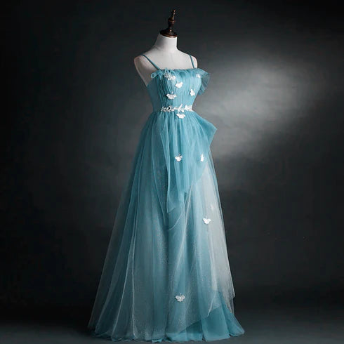 Unique/beautiful A-line blue sheer shoulder strap long formal dress, blue princess shoulder strap spaghetti lace butterfly sleeveless long evening dress