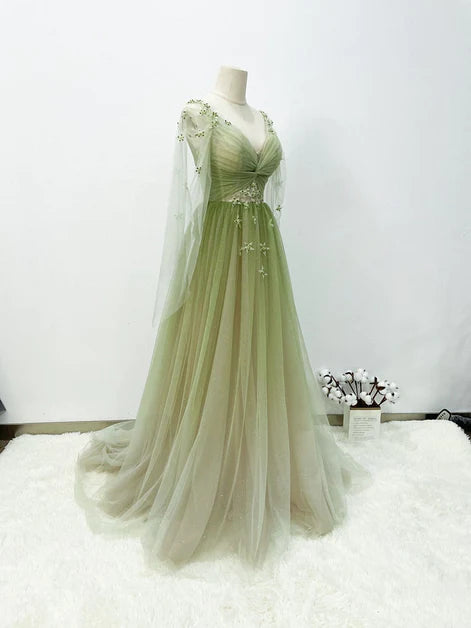 A-line light green gradient bubble sleeved sheer long party dress, green long sleeved and floor length prom dress