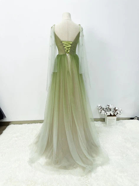 A-line light green gradient bubble sleeved sheer long party dress, green long sleeved and floor length prom dress