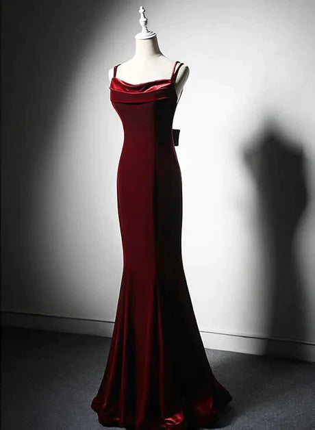 Robe de bal longue en velours avec bretelles et dos nu, robe de bal de mariage en velours