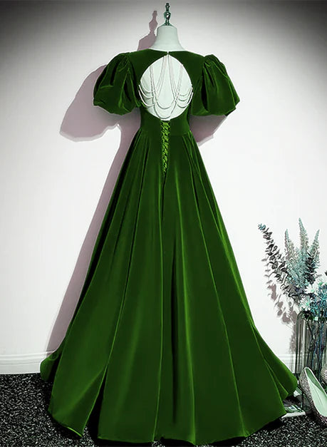 Elegant dark green beaded sequin suede ball dress, dark green princess short sleeved velvet backless long evening dress