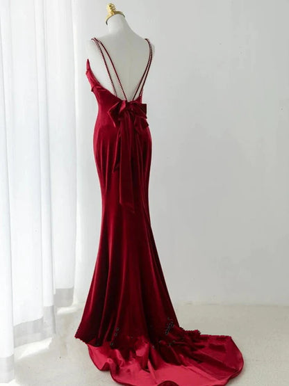 Wine red shoulder strap low back mermaid long party dress, wine red butterfly dew back and ground evening gown
