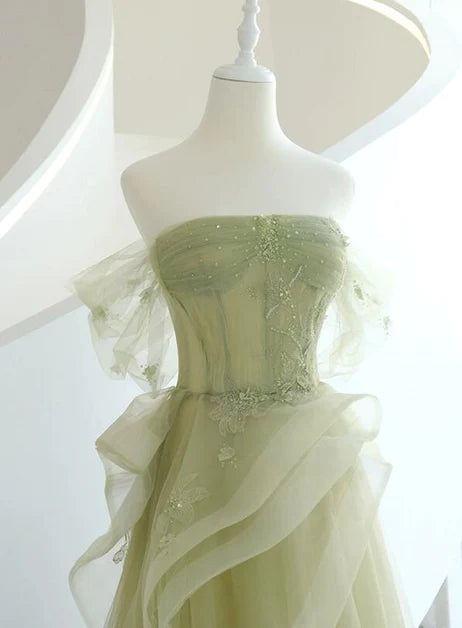 Light green sheer paired with beaded A-line ball dress, light green lace off shoulder long evening dress