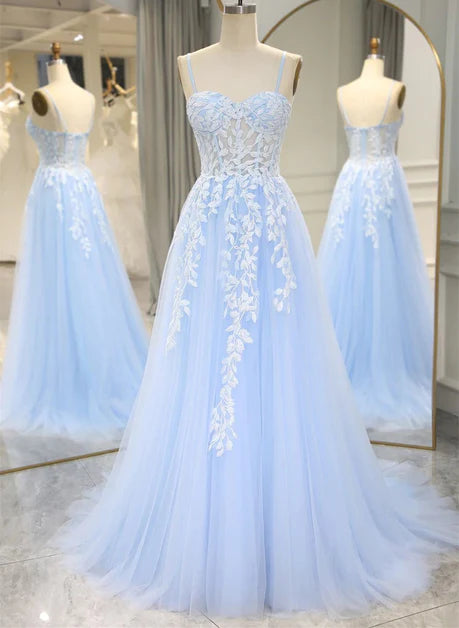 Hellblaues transparentes A-Linien-Ballkleid mit Spitzenstickerei Partykleid, hellblaues Ballkleid