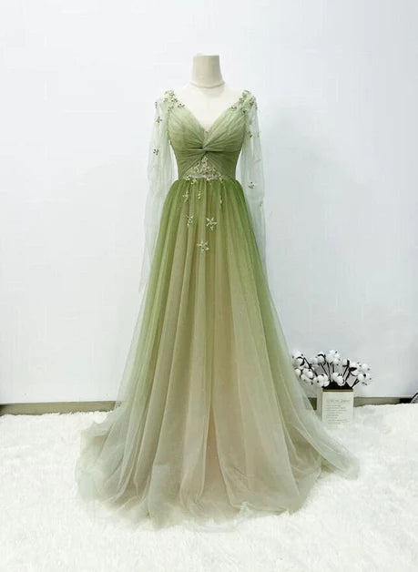 A-line light green gradient bubble sleeved sheer long party dress, green long sleeved and floor length prom dress