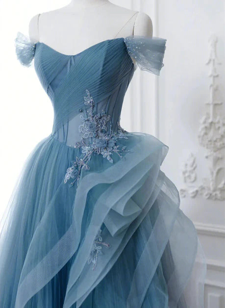 A-line blue sheer paired with lace off shoulder ball dress, blue sheer long evening gown