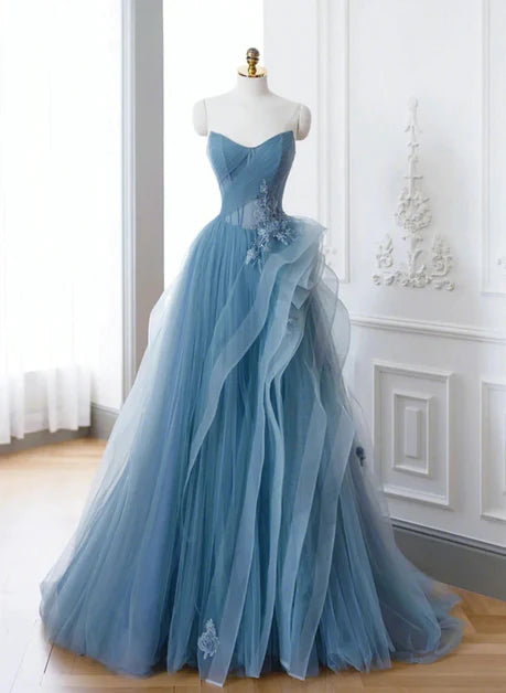A-line blue sheer paired with lace off shoulder ball dress, blue sheer long evening gown