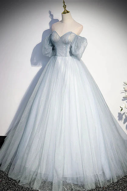 Jolie robe de bal longue et transparente bleu clair, robe de soirée formelle à épaules dénudées