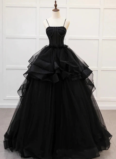Prinzessin schwarzes Schultergurt Perlen Löffel geformt dünne Gaze langes formelles Kleid, schwarze dünne Gaze süßes Abendkleid