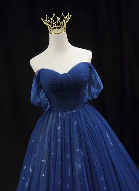 Marineblaues transparentes A-Linien-Tanzkleid im Retro-Stil, Partykleid, marineblaues trägerloses, ärmelloses, rückenfreies und bodenlanges Abendkleid