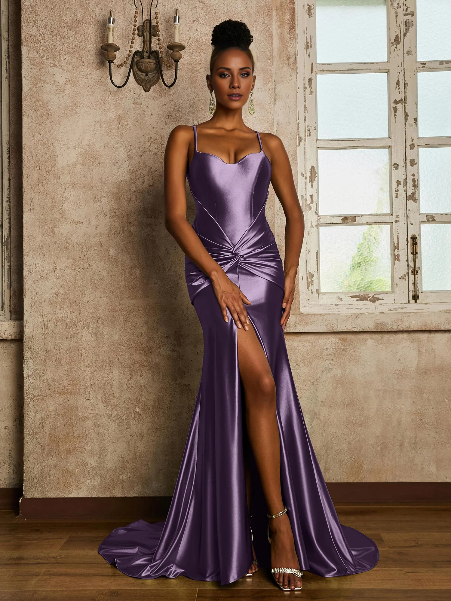 Waist pleated mermaid stretch satin dress - yidibang dress