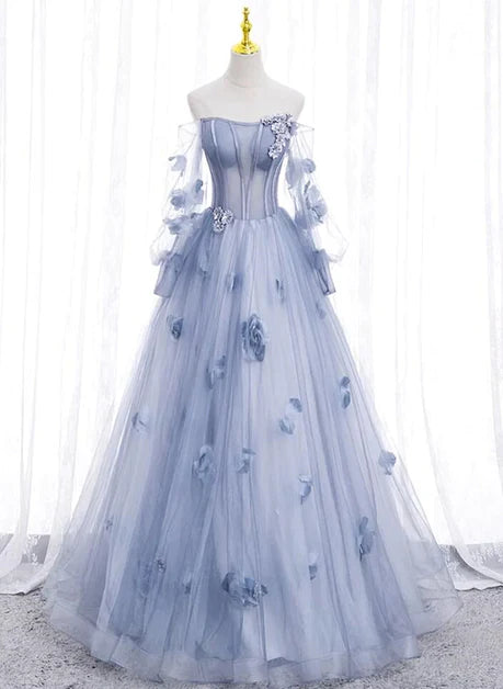 Unique and beautiful sky blue decal long sleeved off shoulder ball dress, sky blue fluffy sheer strapless backless and ground length prom dress