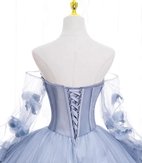 Unique and beautiful sky blue decal long sleeved off shoulder ball dress, sky blue fluffy sheer strapless backless and ground length prom dress