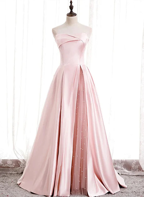 Trägerloses A-Linien-Ballkleid aus rosa Satin, langes Partykleid aus rosa Satin
