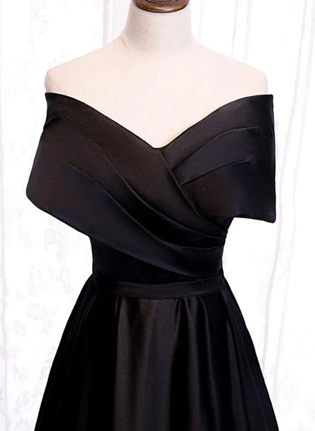 Black satin sweetheart off shoulder back tight fitting corset party dress, black A-line long prom dress
