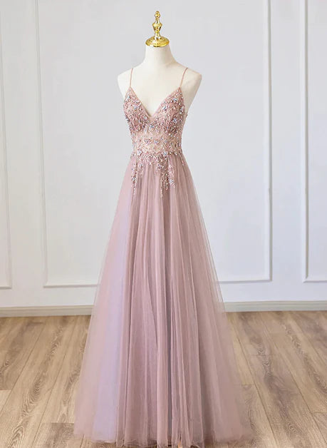 Rosa Bodenlanges Partykleid mit V-Ausschnitt und Perlenbesatz, Rosa Langes transparentes Abendkleid