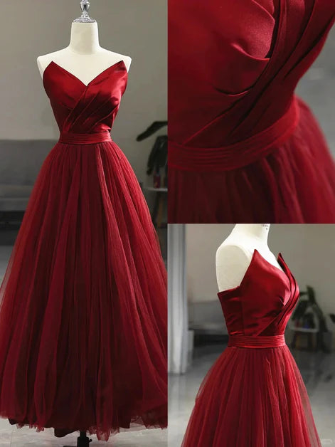 Robe de bal en tulle rouge vin, longueur thé, décolleté en V, robe de soirée en tulle rouge vin