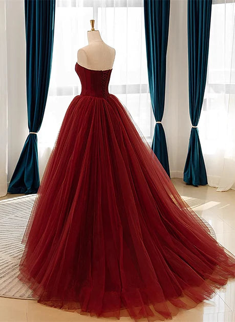 Wine Red ScoopWine Red Scoop Sweetheart Tulle Off the Shoulder Ball Dress, Wine Red Tulle Embroidered Evening Dress