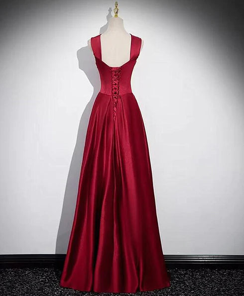 Wine red shoulder strap satin spoon and floor dance dress, wine red A-shaped square neckline long evening dress