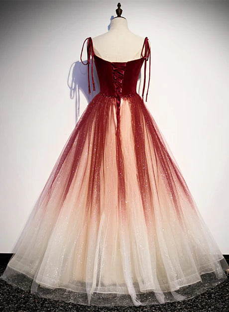 Rotes Sweetheart-Partykleid aus Samt und Tüllträgern, A-Linien-Ballkleid mit Farbverlauf