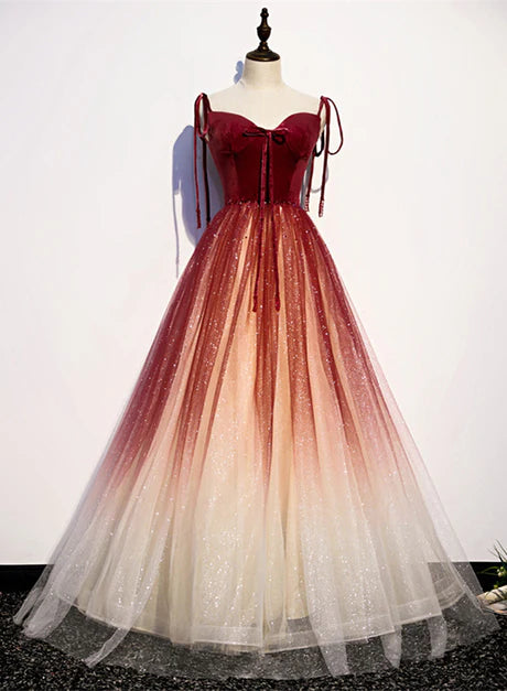 Rotes Sweetheart-Partykleid aus Samt und Tüllträgern, A-Linien-Ballkleid mit Farbverlauf