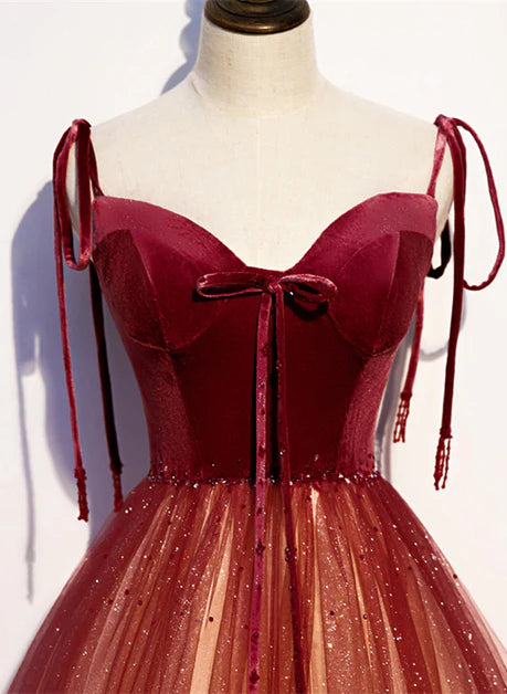 Rotes Sweetheart-Partykleid aus Samt und Tüllträgern, A-Linien-Ballkleid mit Farbverlauf