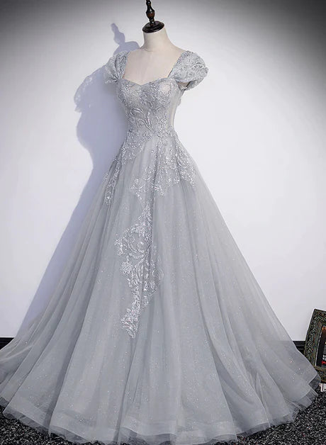 Robe longue élégante à manches courtes et à paillettes grises, en dentelle transparente grise et robe de soirée du sol au plafond