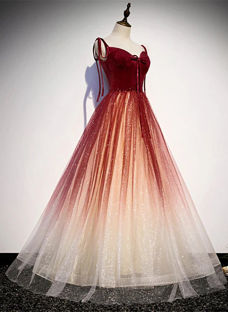 Rotes Sweetheart-Partykleid aus Samt und Tüllträgern, A-Linien-Ballkleid mit Farbverlauf