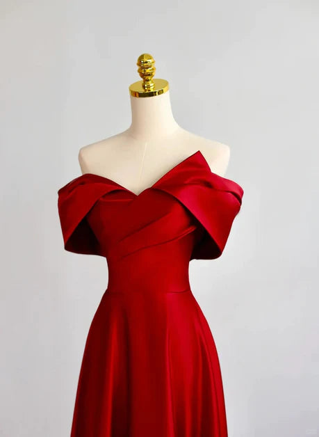 Wine red satin off shoulder sweet long ground party dress, A-line off shoulder red satin ball dress