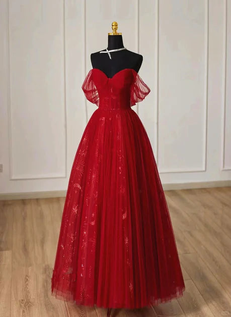 Wunderschönes weinrotes Tüll Sweetheart Off Shoulder Ballkleid, weinrotes langes Partykleid